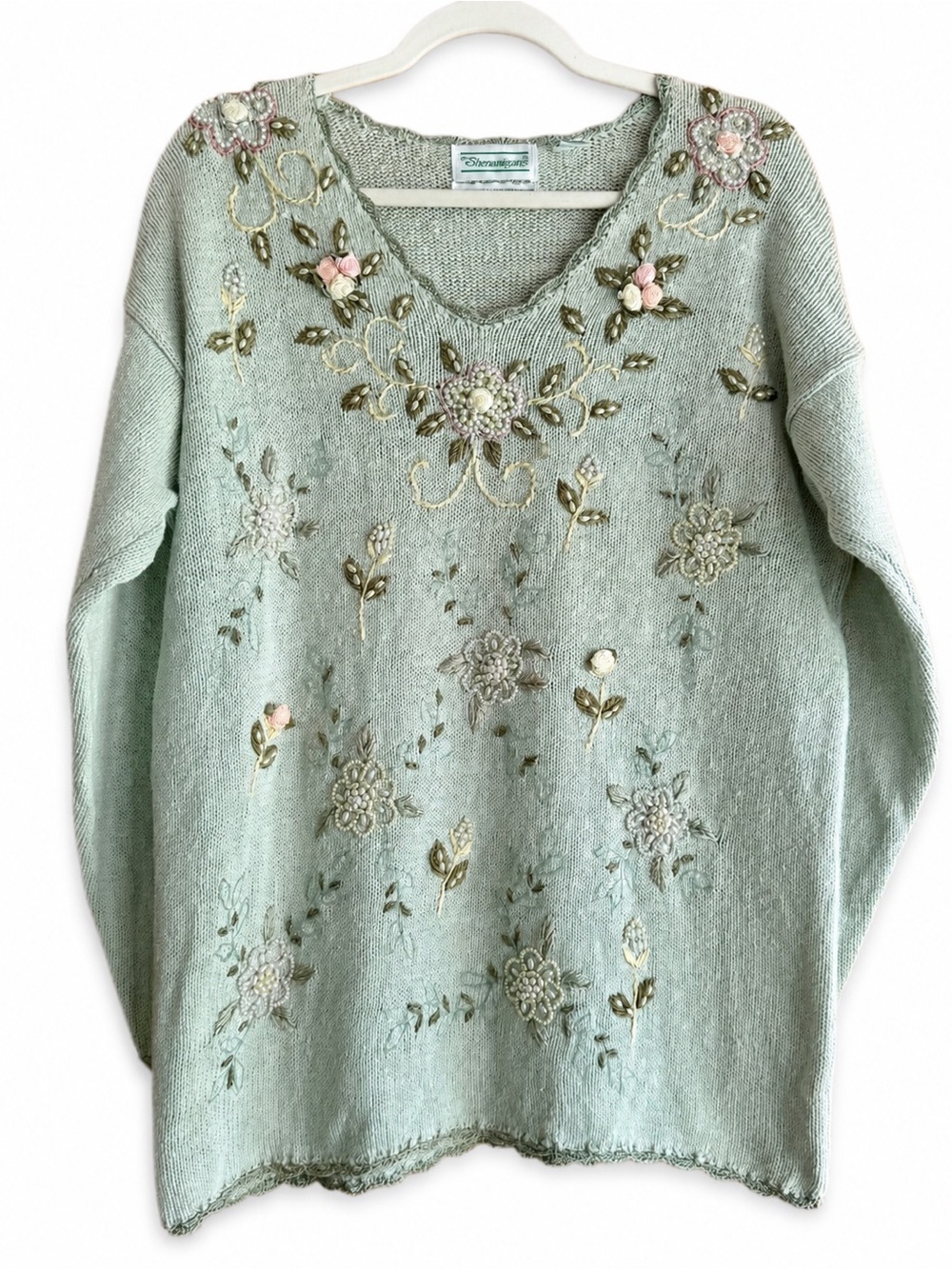 Vintage 90s Beaded Floral Sweater L Pearl Ribbon Rose Cottagecore Grandmacore